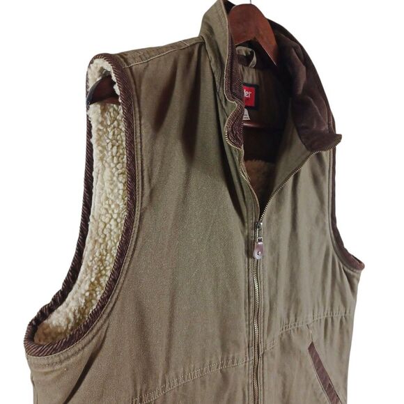 Wrangler Sherpa Line M Green Canvas Vest Corduroy Collar Crown Rhinestone Back - Picture 4 of 10